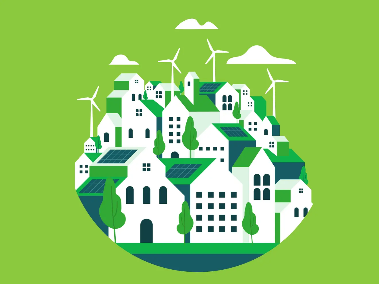 Die Illustration zeigt weiße Stadtgebäude vor grünem Hintergrund mit Windrädern und Bäumen.