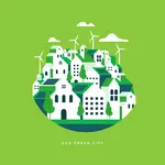 Die Illustration zeigt weiße Stadtgebäude vor grünem Hintergrund mit Windrädern und Bäumen.
