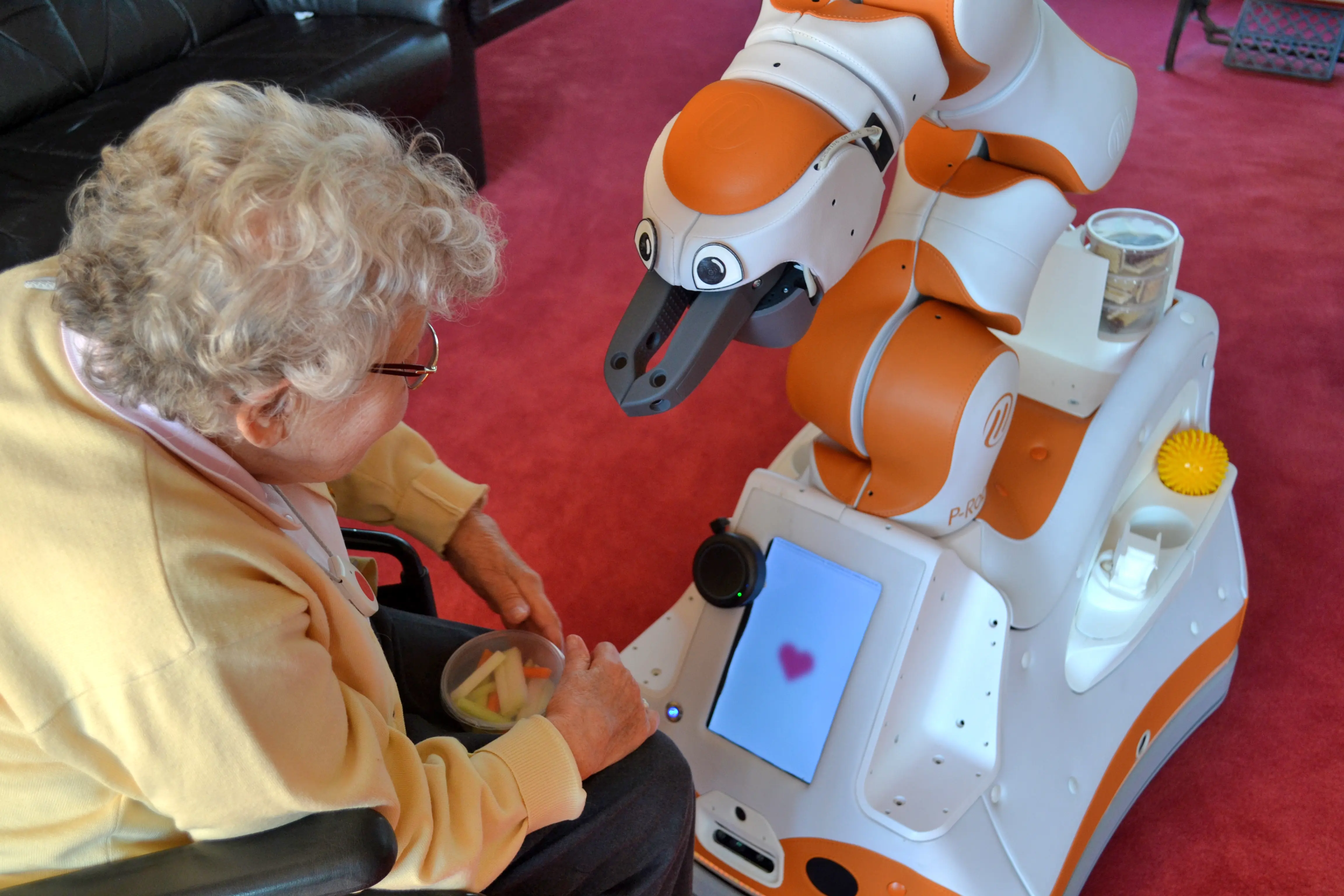 Eine ältere Frau nimmt RoboterLIO unter die Lupe.