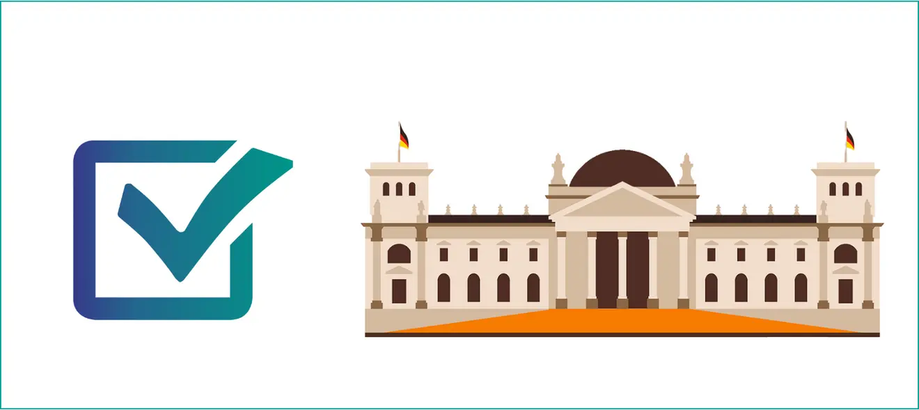 Eine Illustration des Bundestages mit einem Häckchen als Symbol für die Bundestagswahl 2025