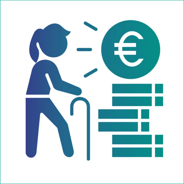 Die Grafik zeigt eine Frau mit Gehstock, vor ihr ein Eurosymbol.