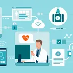 Eine Illustration zeigt vernetzte Gesundheitsdienste. Symbole für digitale Kommunikation und medizinische Daten. Eine ältere Frau mit Smartphone, ein Arzt mit Herzsymbol, ein Mann am Laptop und eine Ärztin mit Stethoskop.