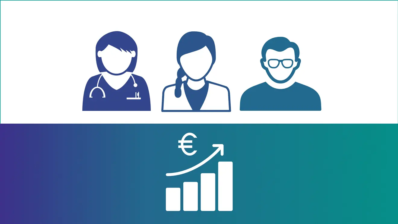 Grafik zeigt drei Personen. Unter ihnen ein Symbol für zunehmenden Gewinn. 