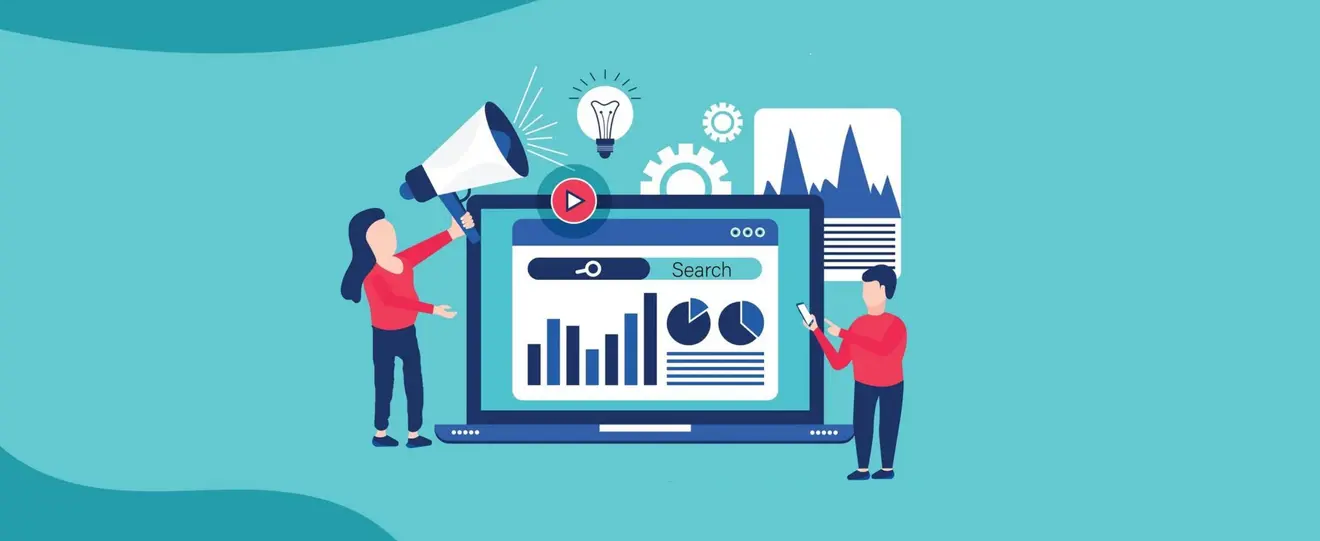 Symbolhafte Illustration: Eine Frau und ein Mann werben mit Megaphon und Smartphone um neue Mitarbeitende. Ein Computer mit Diagrammen steht für die Analyse des Personalmarketings.