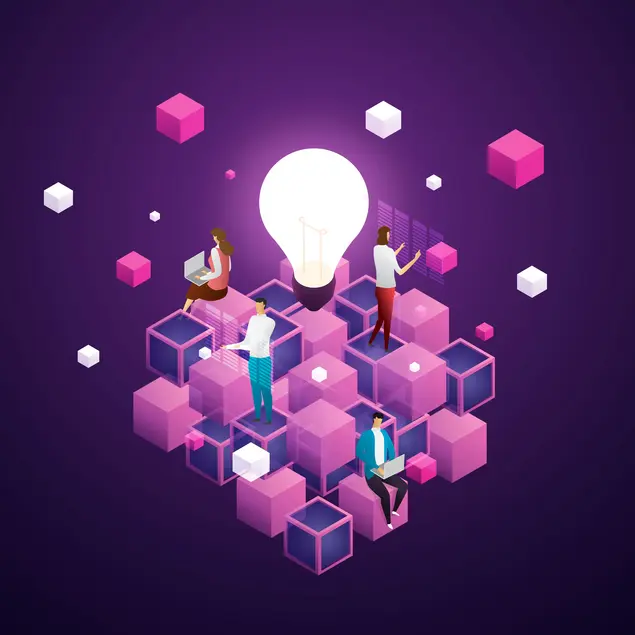 Die Illustration zeigt vier Personen, die auf rosa und violetten Würfeln sitzen oder stehen, während sie mit Laptops und Tablets arbeiten. Im Zentrum leuchtet eine große Glühbirne. 