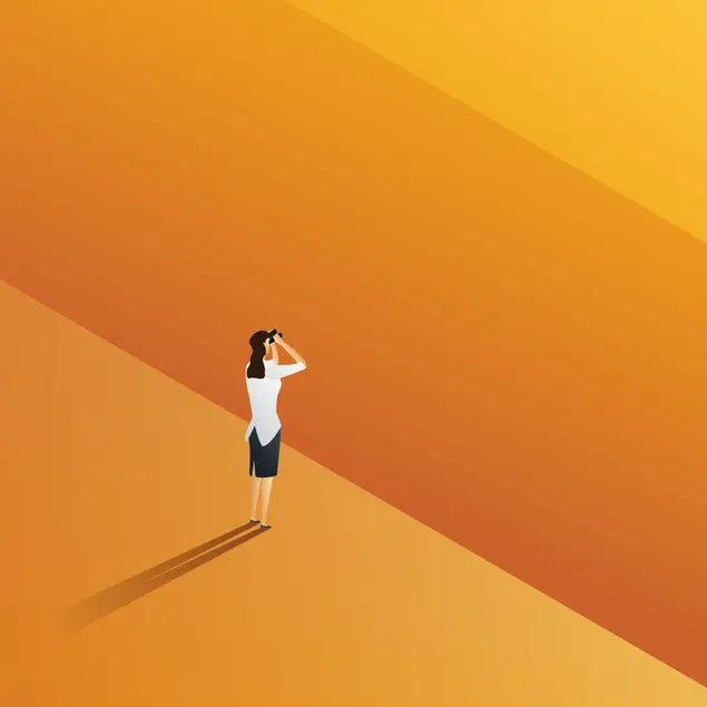 In der Mitte des Bildes steht eine Frau und blickt mit dem Fernglas in die Weite. Der Hintergrund ist orange und gelb. 