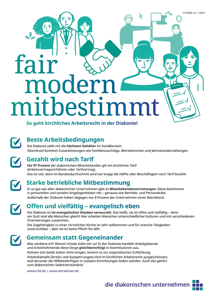 Das Bild zeigt den Slogan "fair modern mitbestimmt" in blauer und grüner Schrift. Daneben sind stilisierte Illustrationen von Menschen und einem Händedruck. Darunter stehen Stichpunkte. 