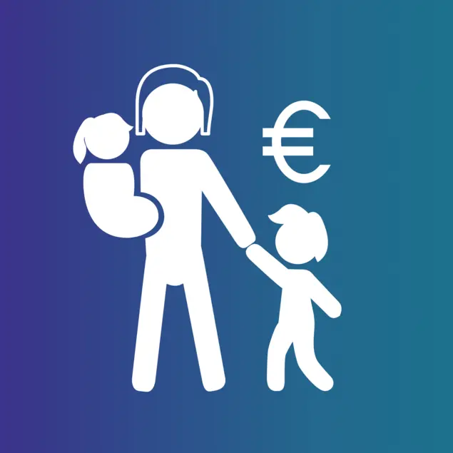 Die Grafik zeigt eine erziehungsberechtige Person mit zwei Kindern und ein Eurosymbol. 