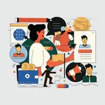 Die Illustration zeigt eine Frau, die von verschiedenen Symbolen umgeben ist, darunter ein Globus, Sprechblasen, ein Handschlag, ein Megafon und Geldmünzen.