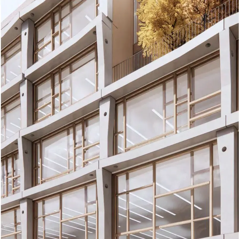 Die Illustration zeigt die Fassade eines Gebäudes. Große Fenster und viel Glas dominieren das Design.