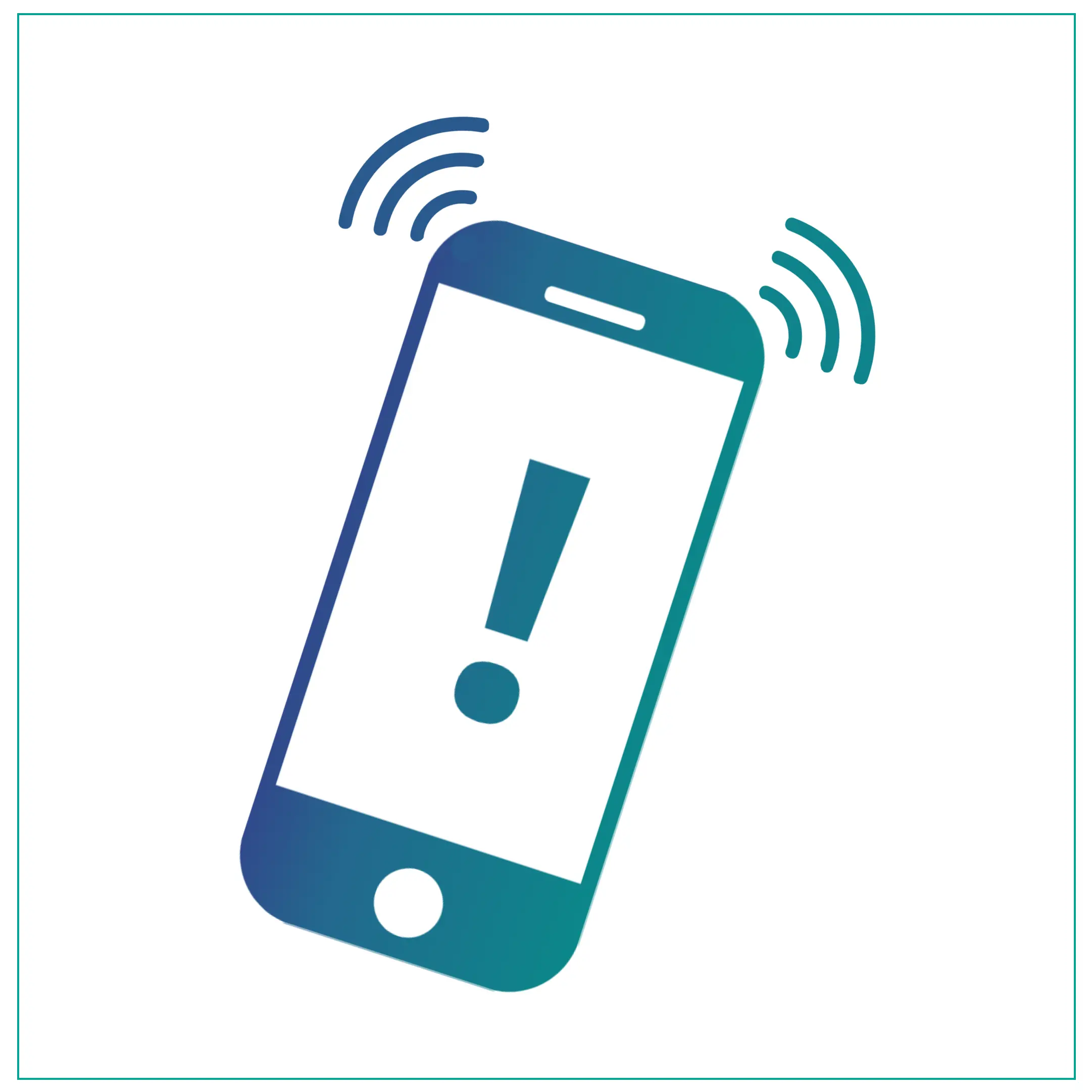 Ein Smartphone mit einem Ausrufezeichen auf dem Bildschirm und Wellenlinien, die Vibration anzeigen.